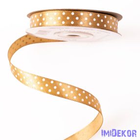 Fehér pöttyös szatén szalag 12mm x 20m - Aranybarna