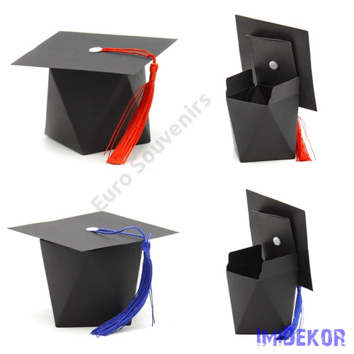 Kalap papírdoboz ballagásra 9x9x6 cm - Piros és Kék
