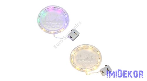 LED-es "I love you" feliratos kerek táblácska 8cm - Melegfényű