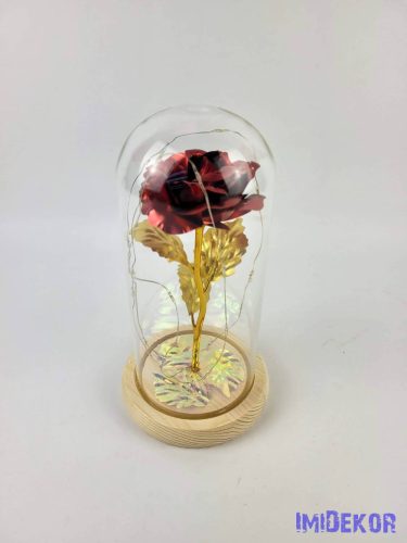 LED-es fémrózsa fatalpas üvegbúrában 11x22cm - Vörös