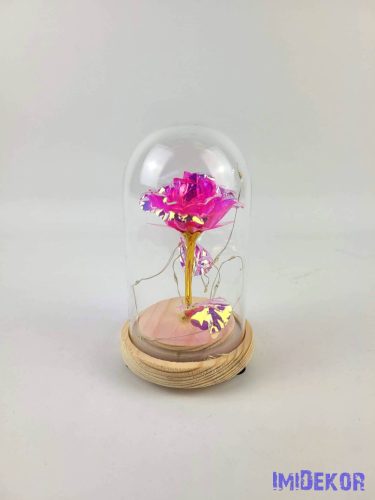 LED-es fémrózsa fatalpas üvegbúrában 8,5x14 cm - Rózsaszín