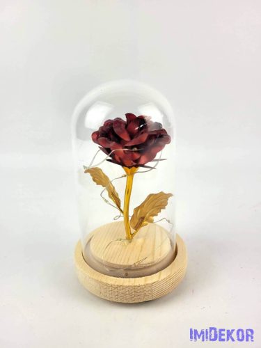 LED-es fémrózsa fatalpas üvegbúrában 8,5x14 cm - Vörös