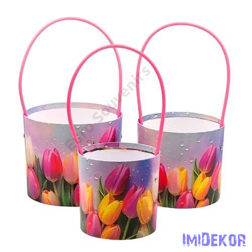 Virágmintás műanyag füles papírdoboz 3db/szett - Tulipános 73