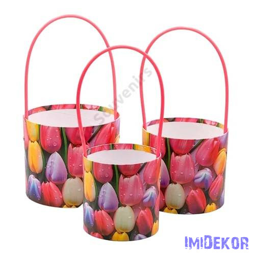 Virágmintás műanyag füles papírdoboz 3db/szett - Tulipános 74