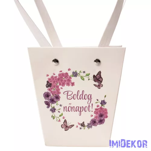 Feliratos virágtáska 12x8x12,5cm - Boldog nőnapot!