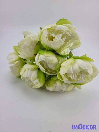 Nyílt Peónia 7 fejes kötegelt selyemvirág csokor 35 cm - Zöldes Krém