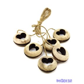 Faragott fa szív keretben zsinórral 6db-os - Natúr