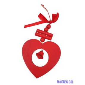 Piros akasztós fa dísz csengővel - Szív