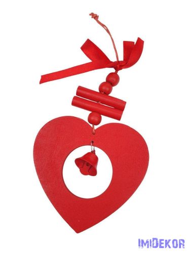 Piros akasztós fa dísz csengővel - Szív