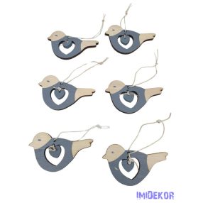Akasztós szíves madárka 6db/szett - Szürke