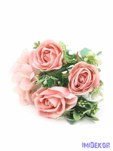 Rózsa csokor hortenziával 26 cm - Rózsaszín