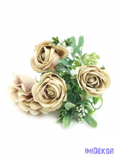 Rózsa csokor hortenziával 26 cm - Világos barnás