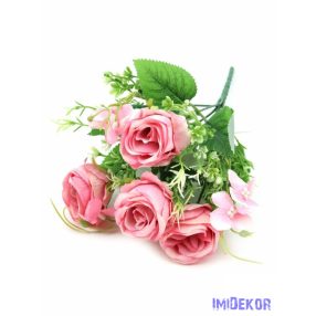   4 fejes rózsa csokor díszítőkkel 32 cm - Élénk Rózsaszín