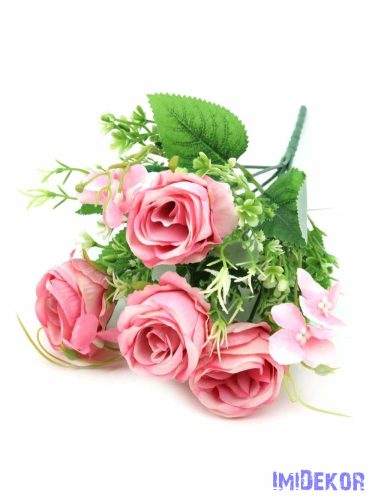 4 fejes rózsa csokor díszítőkkel 32 cm - Élénk Rózsaszín