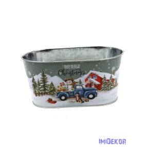   Karácsonyi mintás bádog kaspó ovál - Merry Christmas autós