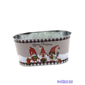   Karácsonyi mintás bádog kaspó ovál - Merry Christmas manós