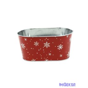   Karácsonyi mintás bádog kaspó ovál - Piros alapon hópihés