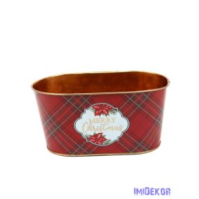   Karácsonyi mintás bádog kaspó ovál - Merry Christmas piros alapon