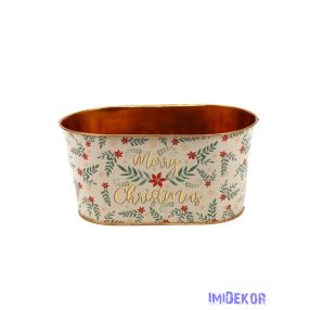 Karácsonyi mintás bádog kaspó ovál - Merry Christmas