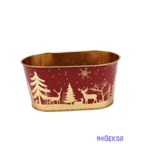 Karácsonyi mintás bádog kaspó ovál - Szarvasos