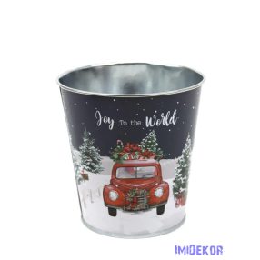 Karácsonyi mintás bádog kaspó 10 cm - Joy to the world