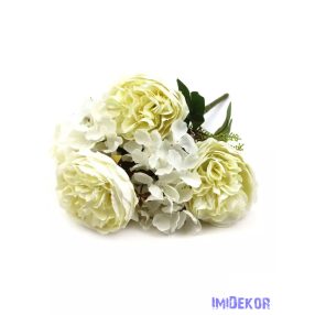Peónia 4 fejes csokor hortenziával 37 cm - Törtfehér