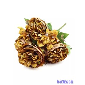 Peónia 4 fejes csokor hortenziával 37 cm - Sárgás Barna
