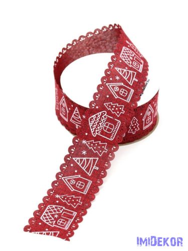 Fehér karácsonyi mintás textil szalag 40mm x 9,144m - Bordó