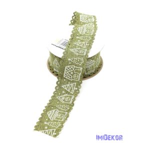   Fehér karácsonyi mintás textil szalag 40mm x 9,144m - Zöld