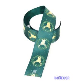   Szarvas mintás karácsonyi szatén szalag 40mm x 9,144m - Sötét Zöld
