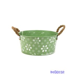 Fehér virágmintás bádog tál 22cm - Zöld