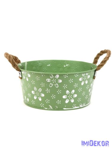 Fehér virágmintás bádog tál 22cm - Zöld