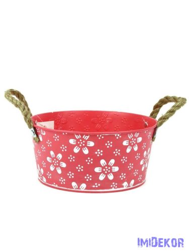 Fehér virágmintás bádog tál 22cm - Pink