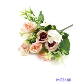   Rózsa csokor 6 fej + kis virágok kiegészítőkkel 27cm - Rózsaszín-Mályva