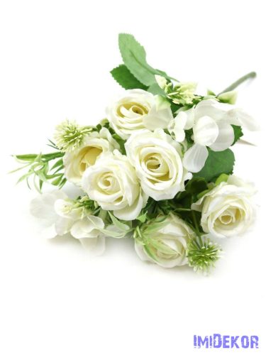 Rózsa csokor 6 fej + kis virágok kiegészítőkkel 27cm - Fehér