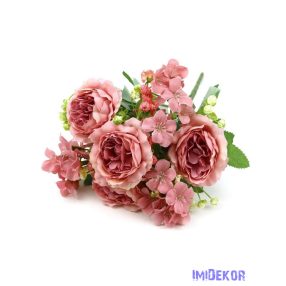   Peónia + kis virág selyem csokor 31cm - Fáradt Rózsaszín