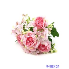 Peónia + kis virág selyem csokor 31cm - Rózsaszín