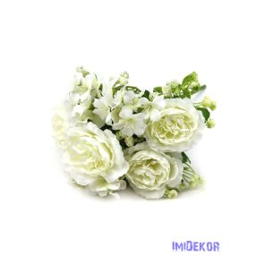 Peónia + kis virág selyem csokor 31cm - Fehér