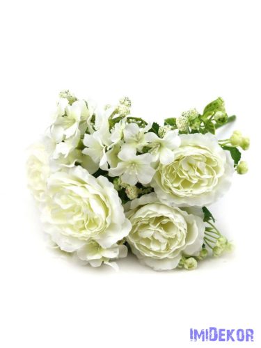 Peónia + kis virág selyem csokor 31cm - Fehér