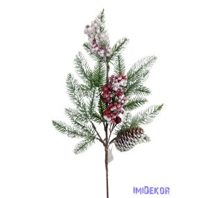 Havas fenyőág piros bogyóval és tobozzal