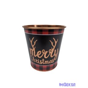   Karácsonyi mintás bádog kaspó 10 cm - Agancsos Merry Xmas