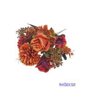 Rózsa-Krizantém vegyes selyemvirág csokor 31cm - Rozsda