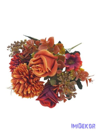 Rózsa-Krizantém vegyes selyemvirág csokor 31cm - Rozsda