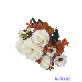   Rózsa-Krizantém vegyes selyemvirág csokor 31cm - Törtfehér