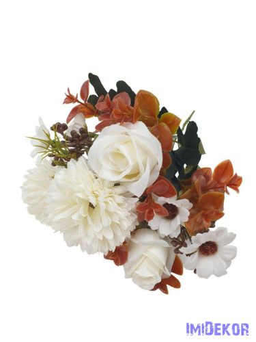 Rózsa-Krizantém vegyes selyemvirág csokor 31cm - Törtfehér