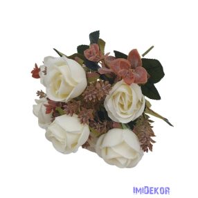 Rózsa 7 fejes selyemvirág csokor 30cm - Törtfehér