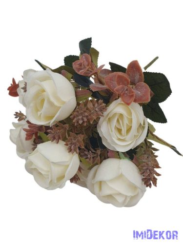 Rózsa 7 fejes selyemvirág csokor 30cm - Törtfehér