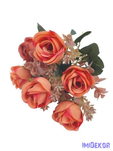 Rózsa 7 fejes selyemvirág csokor 30cm - Narancs