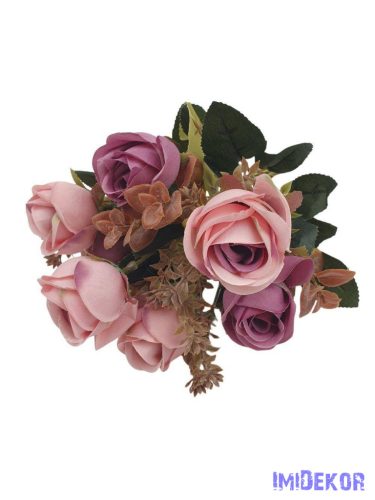 Rózsa 7 fejes selyemvirág csokor 30cm - Mályva