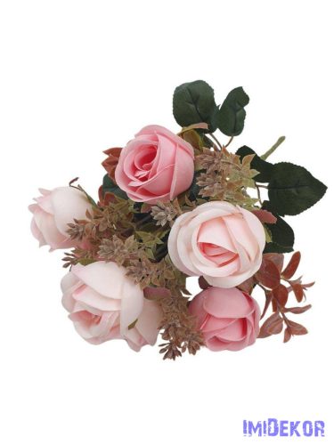 Rózsa 7 fejes selyemvirág csokor 30cm - Rózsaszín